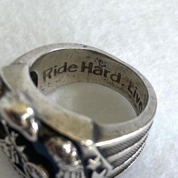 Sterling Silver 925 BGE Heavy Black Onyx Motorcycle Eagle Wide Band Ring Sz 9.5 - Picture 7 of 16